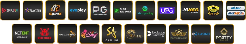 ภาพรวมโลโก้ค่ายเกม OVP999 เช่น PG Soft, Pragmatic Play, Joker Gaming, Microgaming, SA Gaming และค่ายสล็อตชั้นนำ รองรับเกมสล็อตและคาสิโนออนไลน์ครบวงจร